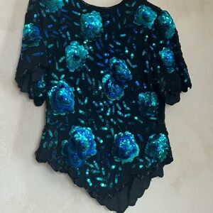 Laurence Kazar Black and Teal Floral Blouse